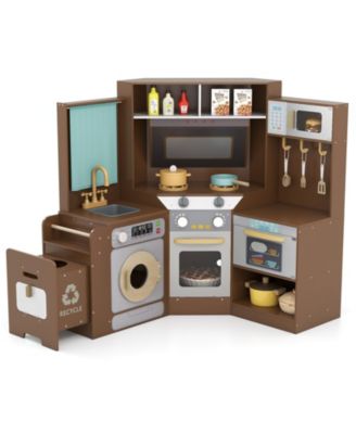 Corner Kitchen Toys with Lights & Sounds, Pull-Out Trash Can & Stove for Kids