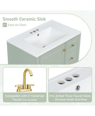 30'' Bathroom Vanity with Ceramic Sink, Solid Wood & MDF, Multi-Drawer Storage & Soft Close Door for Modern Bathrooms