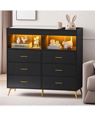Dresser for Bedroom with 6 Drawers, Multi-Functional Nursery Dresser with LED Lights & Charging Station