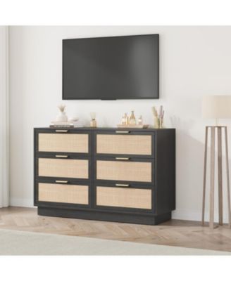 6 Drawer Rattan Dresser for Bedroom, Integrated Cabinet Body & Legs Design, Wooden Chest of Drawers for Hallways, Entryways and Closet