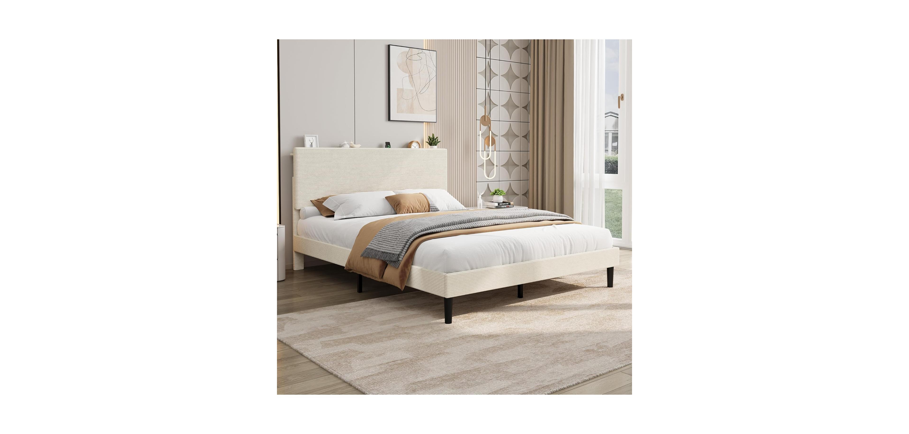 gaomon Bed Frame with Charging Station, Corduroy Upholstered Platform Headboard and Storage Shelf, Solid Wood Slats