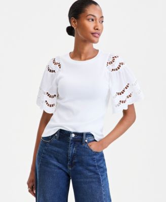 Women's Eyelet Puff Sleeve Ribbed Knit Top