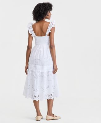 Women's Cotton Poplin Eyelet Pintucked Midi Dress
