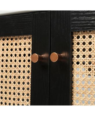 Modern Bathroom Vanity with Ceramic Sink, Bamboo & MDF, Soft Close Rattan Doors,  Freestanding Storage Cabinet for Small Spaces