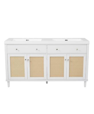 60" Double Sink Bathroom Vanity, Modern Solid Wood Freestanding Cabinet with SMC Top, Rattan Doors & Flip-Out Tray