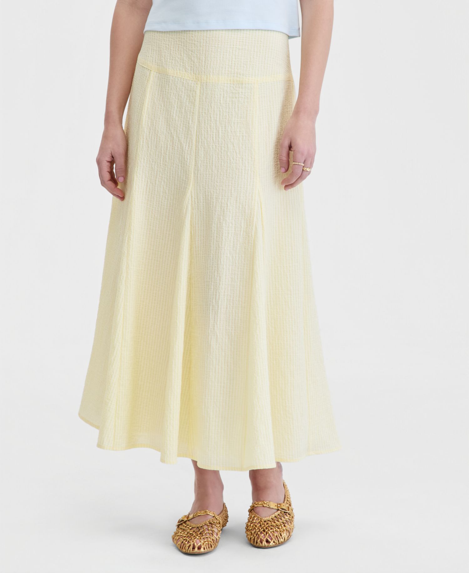 Women's Drop-waist Seersucker Godet Midi Skirt