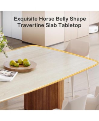 78.74" Travertine Slab Dining Table for 8-10, Travertine Slab Tabletop & Semi-Circular Stripe Base