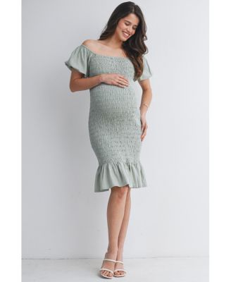 Maternity Off-the-Shoulder Smocked Bodycon Midi Dress with Ruffle Hem