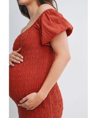 Maternity Off-the-Shoulder Smocked Bodycon Midi Dress with Ruffle Hem
