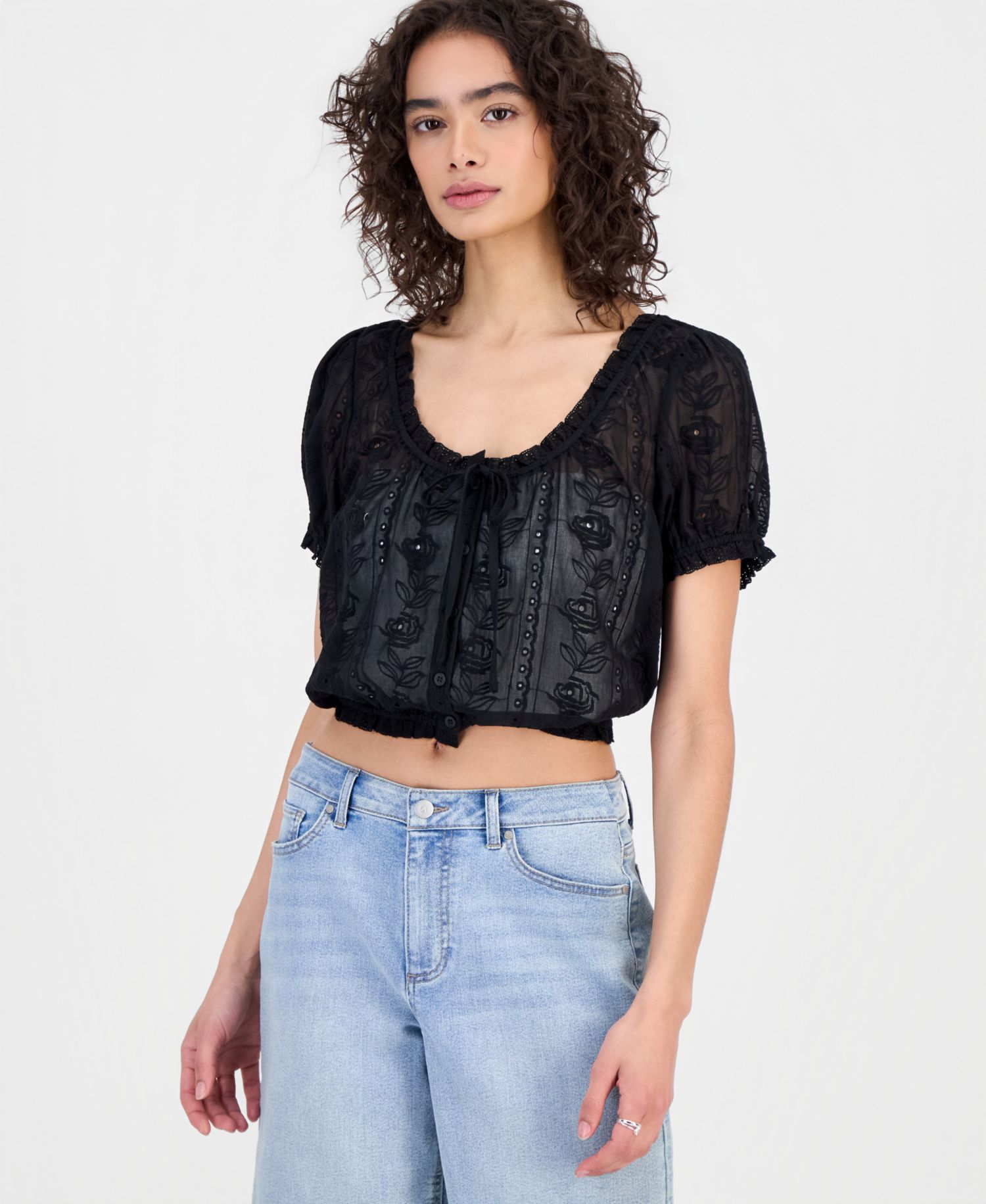 Plus Size Cotton Embroidered Cropped Blouse