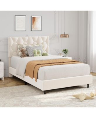 Twin Upholstered Bed Frame, Heavy-Duty Platform Bed Frame with Upholstered Headboard & Strong Wood Slats