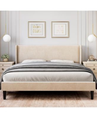 Bed Frame with Upholstered Headboard,Wooden Platform Bed Frame with 2 Storage Pockets,Vertical Channel Tufted Wingback,Strong Wooden Slats