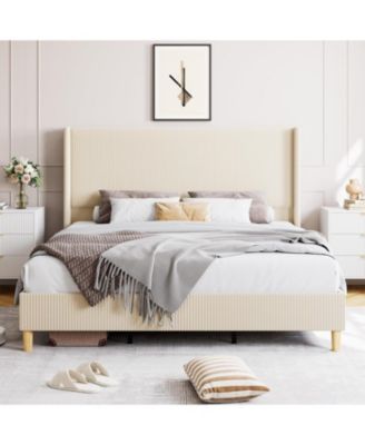 Queen Size Corduroy Upholstered Platform Bed- 51-Inch-Tall Wingback Headboard- Wooden Slats- Noise Free- No Box Spring Needed