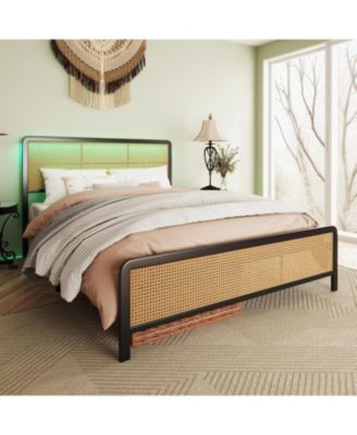 Size Rattan Platform Bed Frame with Led Light Headboard, Modern Style Cane Boho Bed Frames with Sturdy Steel Slat Support, Heavy