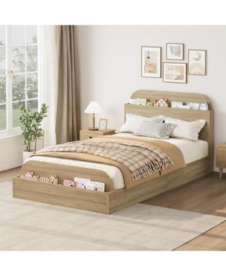 Bed Frame Wooden Storage Headboard Low Platform Sturdy Slats No Box Spring Space-Saving