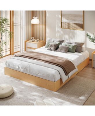 Queen Wood Platform Bed Frame Minimalist Wooden Bed Slat Support No Box Spring Easy Assembly