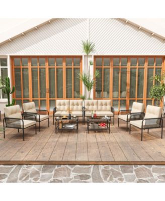 8 PCS Patio Furniture Set with Loveseat Tempered Glass Coffee Table & Soft Cushions