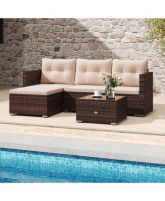 4 Seats Outdoor Wicker Furniture Set with Tempered Glass Coffee Table & Soft Cushions