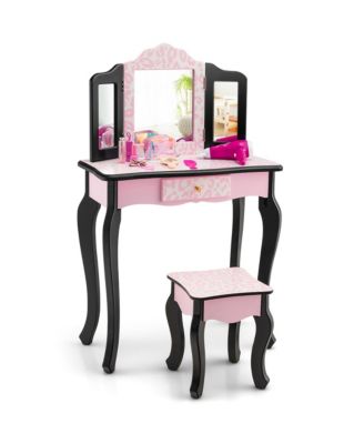 Kid Vanity Set Wooden Makeup Table Stool Tri-Folding Mirror