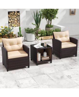 3 PCS Patio Sofa Set with Cushions & Tempered Glass Tabletop for Backyard