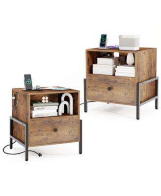 Nightstand with Charging Station Bedside Table with Storage Shelf Side Table