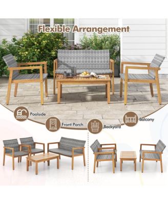 5 PCS Outdoor Furniture Set Rattan Chairs & Ottomans with Glass Topped Coffee Table