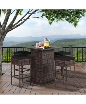 5PCS Patio Rattan Bar Table Stool Set Hidden Storage Shelf Cushion