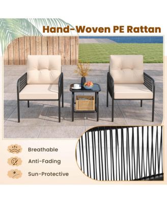 3 PCS Patio Bistro Set with Tempered Glass Table Chairs Back and Seat Cushions