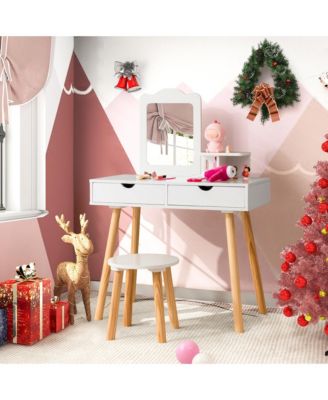 Kid Vanity Table Chair Set with Mirror Large Storage Drawers Wooden Legs