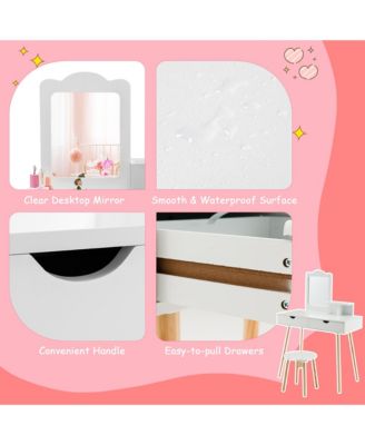 Kid Vanity Table Chair Set with Mirror Large Storage Drawers Wooden Legs