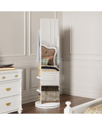 360° Rotating Full Length Mirror, Solid Wood Freestanding Coat Rack with Storage Hanger, Open Shelves for Living Room and Cloakroom