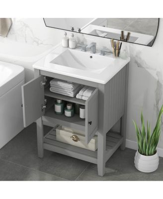 24" Bathroom Vanity with Ceramic Sink, Solid Wood Frame, Open Shelf Storage for Modern Small Spaces