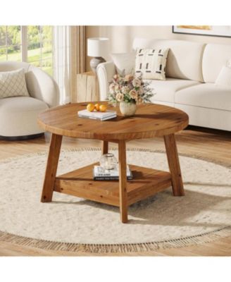 Solid Wood Round Coffee Table for Living Room, 31.5” Farmhouse Wooden 2-Tier Circle Center Cocktail Accent Table