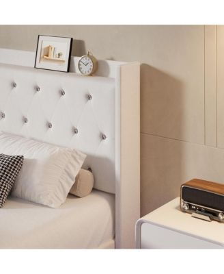 Wood Storage & LED Light Floating Bed Frame with Velvet Upholstered Wingback Headboard