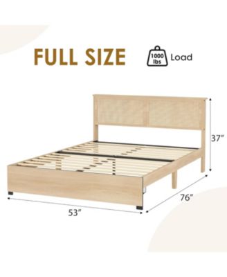 Queen Platform Bed Rattan Headboard LED Storage Baskets Farmhouse Metal Frame Noise-Free Wooden Slats No Box Spring