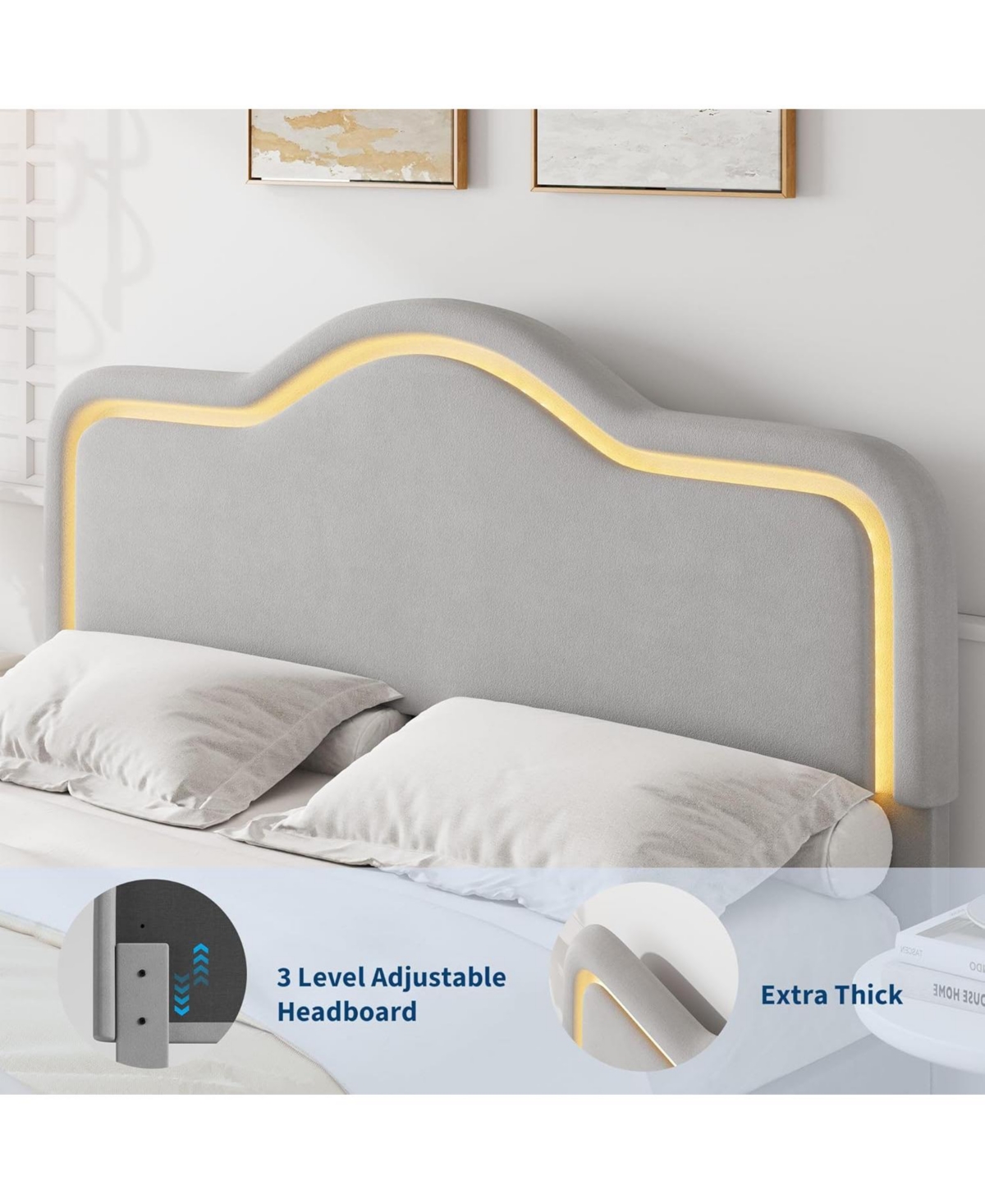 gaomon Upholstered Princess Platform Bed Frame with Rgb Led Lights, Adjustable Velvet Headboard, Wooden Slat Support