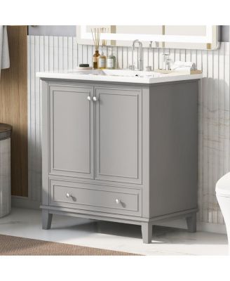 Bathroom Vanity with Ceramic Sink, Adjustable Shelf, Multi-Functional Storage, Solid Wood & MDF