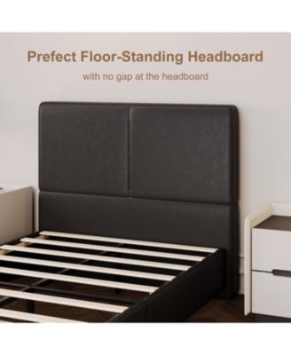 Upholstered Platform Bed Frame with 2 Storage Drawers, Faux Leather Low Profile Base with Wood Slat Support