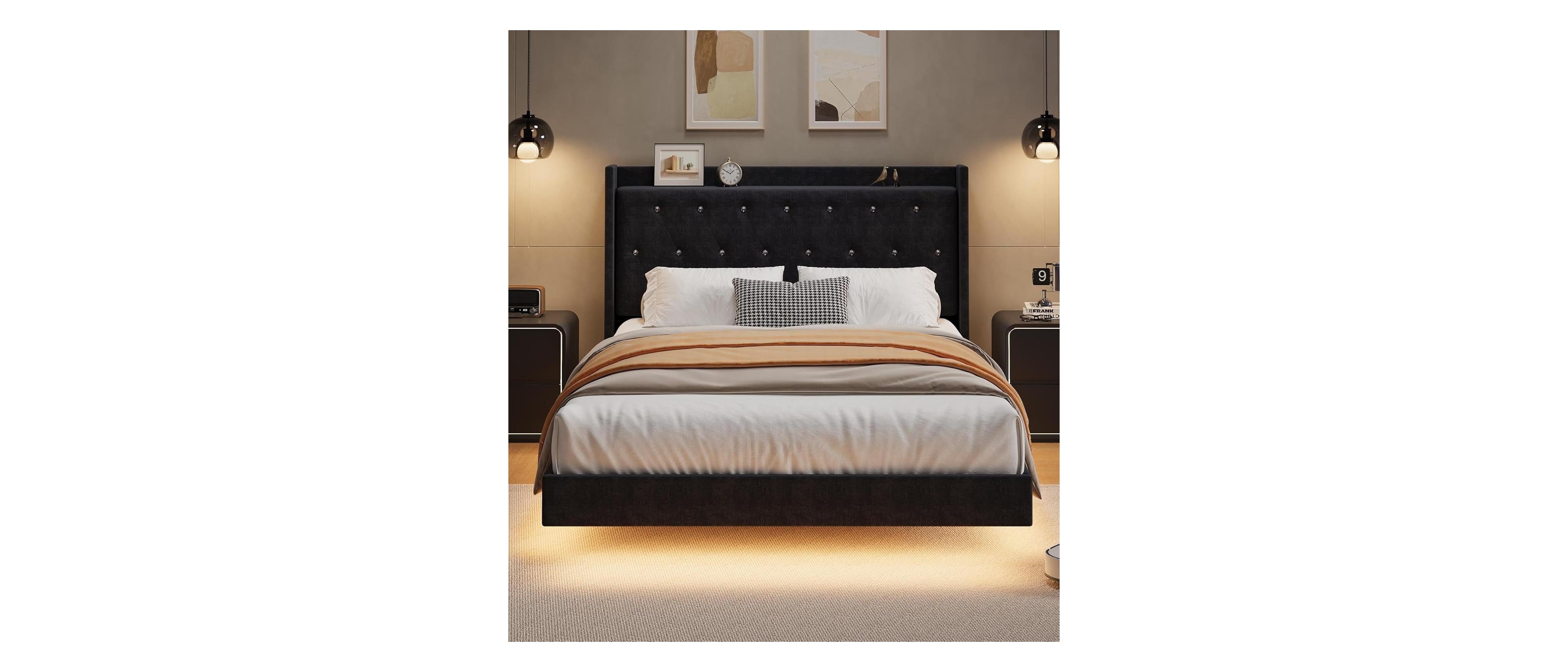 gaomon Full Floating Bed Frame Led Lights Velvet Upholstered Platform Bed Storage Headboard Noise-Free No Box Spring