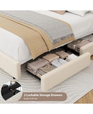 Teddy Fleece Bed Frame, Upholstered Platform Bed with 2 Storage Drawers, Height Adjustable Cloud Headboard, Thick Soft Teddy Fabric Bed