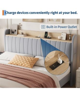  Bed Frame with Storage Headboard, Upholstered Platform Beds with Drawers, Charging Station, Noise-Free, No Box Spring Needed