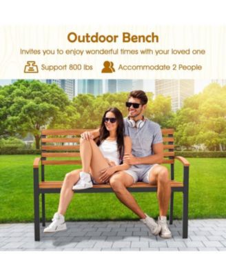 Patio Acacia Wood Loveseat Bench with Backrest and Armrests