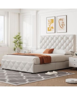Queen Bed Frame 4 Storage Drawers Adjustable Headboard Faux Leather Upholstered Diamond Tufted No Box Spring