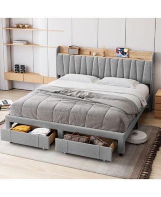 King Bed Frame Storage Headboard Upholstered Platform Drawers Charging Noise-Free No Box Spring