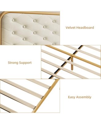 King Bed Frame Premium Velvet Headboard Footboard Heavy Duty Metal Frame Wood Slats Noise-Free Easy Assembly No Box Spring