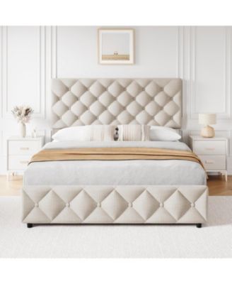 Full Bed Frame 4 Storage Drawers Adjustable Headboard Upholstered Platform Diamond Tufted Easy Assembly No Box Spring