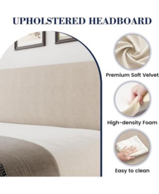 Wingback Bed Frame Vertical Stripe Velvet Upholstered 2 Storage Pockets Wood Slats Easy Assembly No Box Spring.