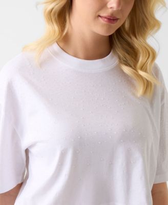 Women's Rhinestone Embellished Crewneck Cropped Oversize T-Shirt