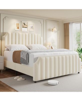 Platform Bed Upholstered Headboard Footboard Strong Wooden Slats No Box Spring Required