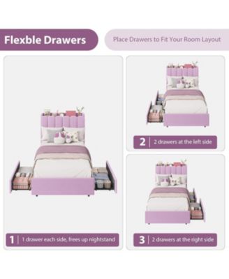 Upholstered Platform Bed Frame Wavy Headboard Storage Bookcase 2 Drawers No Box Spring.